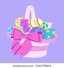 Colorful Easter Basket with Decorated Eggs.