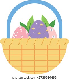 Colorful Easter basket filled with decorated eggs and green leaves