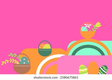Colorful easter baskets and eggs with floral designs on vibrant background.