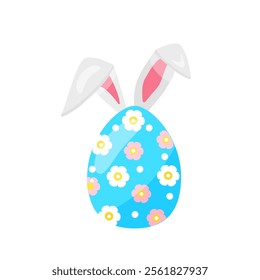 colorful Easter blue egg, with flowers, with bunny ears. hand drawn. vector