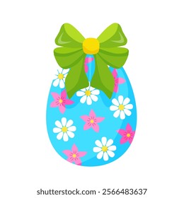 colorful Easter blue egg with flowers, with green bow and ribbons. hand drawn. vector