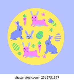 Colorful easter bunnies and eggs with carrots in a festive circle design.