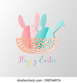 Colorful Easter bunnies in easter eggs on nest egg on gray background, paper cut style design by Vector illustration EPS 10.