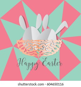Colorful Easter bunnies eggs on nest with Happy Easter text, paper cut style design by Vector illustration EPS 10.