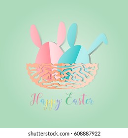 Colorful Easter bunnies in easter eggs on nest egg on gray background, paper cut style design by Vector illustration EPS 10.