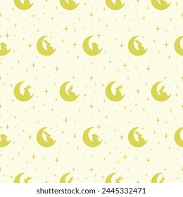 Colorful Easter bunnies seamless vector pattern. Beige simple background with young moon.