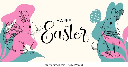 Colorful Easter Bunny Characters With Decorative Eggs Festive Illustration. Easter Banner Flat Design Vector Illustration 