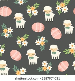 Colorful Easter bunny with eggs and flowers. Easter basket with eggs and sheep. Easter parity and pattern. Easter background for postcard, banner.