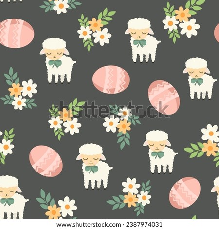Colorful Easter bunny with eggs and flowers. Easter basket with eggs and sheep. Easter parity and pattern. Easter background for postcard, banner.