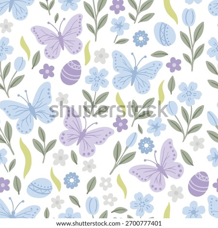 Colorful Easter bunny with eggs and flowers. Easter basket with eggs and sheep. Easter parity and pattern. Easter background for postcard, banner.	