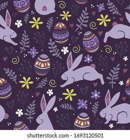 Colorful Easter Bunny and Painted Eggs Festive Seamless Pattern