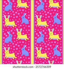 Colorful easter bunny patterns on pink background for festive designs.