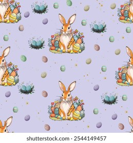 Colorful Easter bunny surrounded by eggs and flowers on a white background. Easter Pattern with Colorful Eggs and Bunny Ears on White