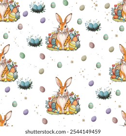 Colorful Easter bunny surrounded by eggs and flowers on a white background. Easter Pattern with Colorful Eggs and Bunny Ears on White