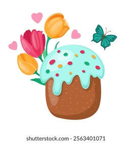 A Colorful Easter Cake decorated with Beautiful Flowers and Charming Butterflies. For Easter cards, banners, design. Vector illustration.