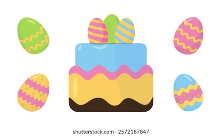 Colorful Easter cake topped with eggs and surrounded by vibrant, decorated Easter eggs on a white background. Holiday celebration theme