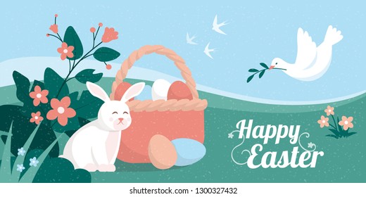 Colorful Easter card with bunny, basket with eggs and dove
