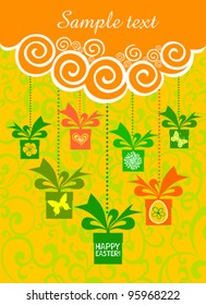 Colorful easter card. Celebration background with gift box and place for your text. Vector Illustration