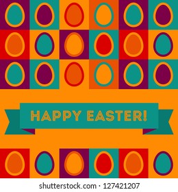 Colorful Easter card design with eggs and banner.