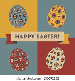 Colorful Easter card design with eggs and banner.