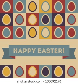 Colorful Easter card design with eggs and banner.