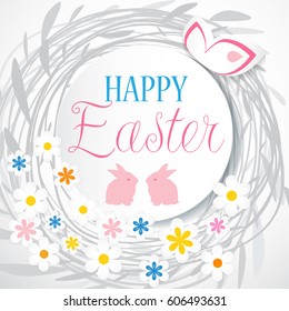 Colorful Easter card with flowers and eggs. Isolated on white background