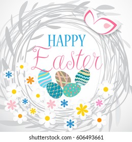 Colorful Easter card with flowers and eggs. Isolated on white background
