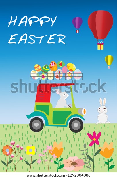 Colorful Easter card with rabbit, spring\
flowers. vector\
illustration.