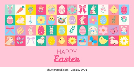 A colorful Easter card with a variety of Easter-themed images. The card is pink and features a bunny, a flower, a butterfly, and a bird. The image conveys a cheerful and festive mood