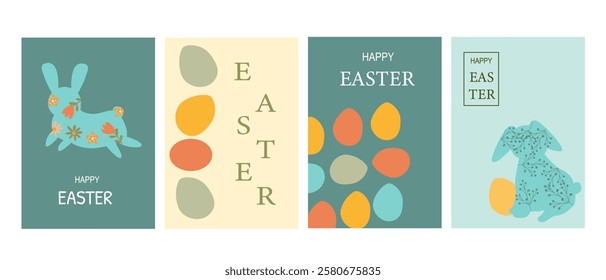 Colorful easter cards with bunnies and eggs.