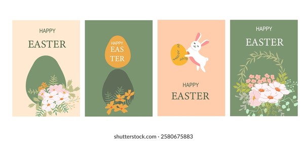 Colorful easter cards with eggs and flowers featuring cute bunny.