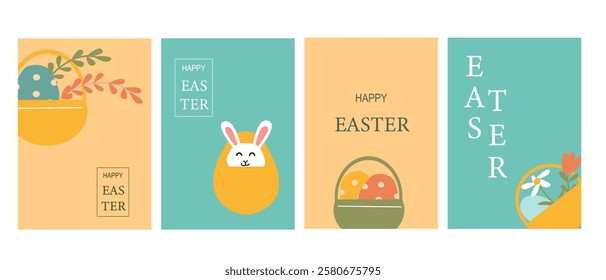 Colorful easter cards featuring baskets, eggs, and bunny designs.