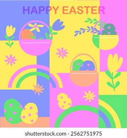 Colorful easter celebration with eggs, flowers, and baskets.