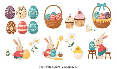Colorful Easter celebration elements featuring hand painted eggs baskets cupcakes cute rabbits painting eggs and a baby chick.