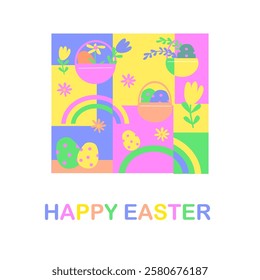 Colorful easter celebration graphic with eggs, flowers, and rainbows. Playful greeting card - bright creative design.
