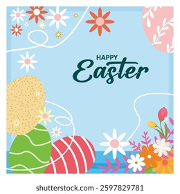 Colorful Easter celebrations in spring. Decorated Easter eggs and colorful flowers. Easter 2025 concept.