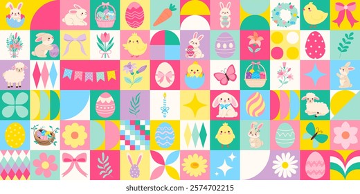 A colorful Easter collage with many different Easter themed images. The collage is made up of many different shapes and colors, and it has a playful and cheerful mood