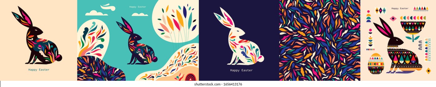 Colorful Easter collection with hare, easter eggs and decorative elements. Happy easter greeting card with decorative easter bunny