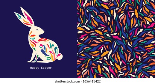 Colorful Easter collection with hare, easter eggs and decorative elements. Happy easter greeting card with decorative easter bunny