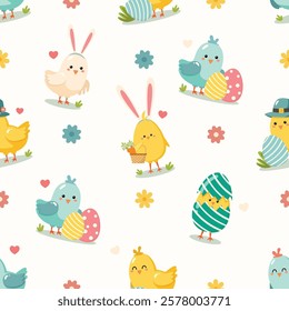 Colorful easter cute chicks birds seamless pattern. Happy Easter concept.