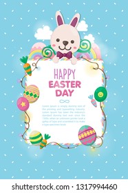 Colorful Easter day with white rabbit and fancy eggs template. Easter banner