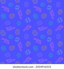 Colorful Easter decorated eggs and lettering on blue background. Happy Easter inscription. Vector seamless colored pattern