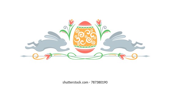 Colorful Easter decorative greeting frame with rabbits, curls, egg and tulips flowers. Vector illustration, isolated on background.