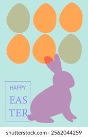 Colorful easter design with eggs and bunny silhouette on pastel background. Easter card modern design
