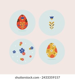 Diseño colorido de Pascua, con huevos y flores en tono pastel. Ilustración de vector