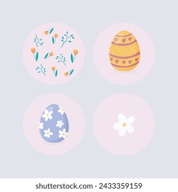 Colorful Easter design, with eggs and flowers in pastel tone. Vector illustration