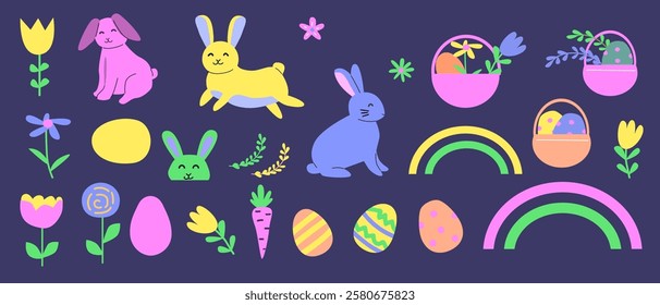 Colorful easter designs: rabbits, eggs, and baskets in pastel tones.