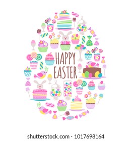 Colorful easter egg background. Assorted sweets - eggs, candies, cupcakes, marshmallow cake pops