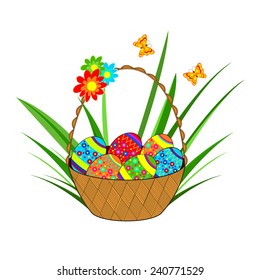 colorful Easter egg in a basket,grass,flower and butterfly on a white background, vector