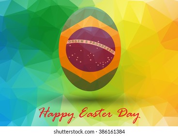 Colorful Easter egg with Brazil flag on abstract geometric background with triangle polygons.